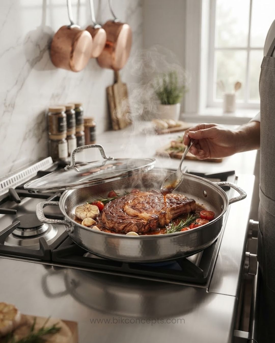 A hammered stainless steel pot with side handles and a matching glass lid, Hammered Stainless Steel Shallow Casserole, Silver Braiser Pan with Glass Lid, Luxury Stainless Steel Chef Pan, Designer 5 Quart Shallow Casserole, High End Gourmet Buffet Serving Pan USA, Decorative Hammered Stainless Steel Cookware, Large Diameter Braising Pot, Professional Grade Stainless Skillet Pan, Estate Kitchenware Serveware, 3.5 Quart Shallow Casserole Dish