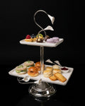 Silver 2 Tier Serving Platter, Rectangular Tiered Dessert Stand, High End Catering Appetizer Platter, Calla Lily Food Stand, Porcelain and Silver Hi Tea Tower, Pedestal 2 Tier Food Server, Upscale Party Hors d'Oeuvres Tray, Luxury Afternoon Tea Stand, Silver Metal Tiered Serving Tray, Designer Buffet Serving Tower, Rectangular Porcelain Tiered Stand