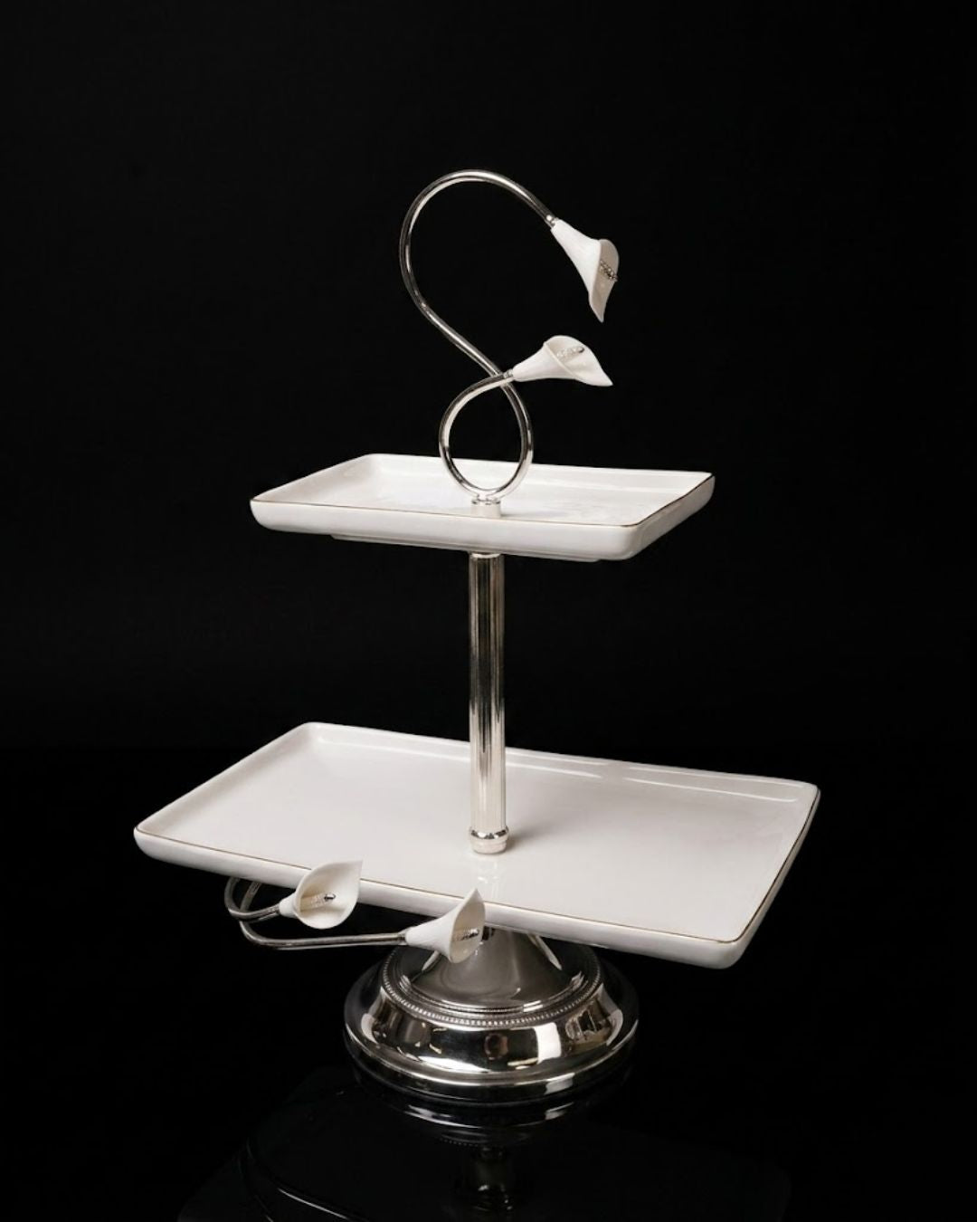 Silver 2 Tier Serving Platter, Rectangular Tiered Dessert Stand, High End Catering Appetizer Platter, Calla Lily Food Stand, Porcelain and Silver Hi Tea Tower, Pedestal 2 Tier Food Server, Upscale Party Hors d'Oeuvres Tray, Luxury Afternoon Tea Stand, Silver Metal Tiered Serving Tray, Designer Buffet Serving Tower, Rectangular Porcelain Tiered Stand