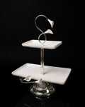 Silver 2 Tier Serving Platter, Rectangular Tiered Dessert Stand, High End Catering Appetizer Platter, Calla Lily Food Stand, Porcelain and Silver Hi Tea Tower, Pedestal 2 Tier Food Server, Upscale Party Hors d'Oeuvres Tray, Luxury Afternoon Tea Stand, Silver Metal Tiered Serving Tray, Designer Buffet Serving Tower, Rectangular Porcelain Tiered Stand