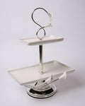 Silver 2 Tier Serving Platter, Rectangular Tiered Dessert Stand, High End Catering Appetizer Platter, Calla Lily Food Stand, Porcelain and Silver Hi Tea Tower, Pedestal 2 Tier Food Server, Upscale Party Hors d'Oeuvres Tray, Luxury Afternoon Tea Stand, Silver Metal Tiered Serving Tray, Designer Buffet Serving Tower, Rectangular Porcelain Tiered Stand