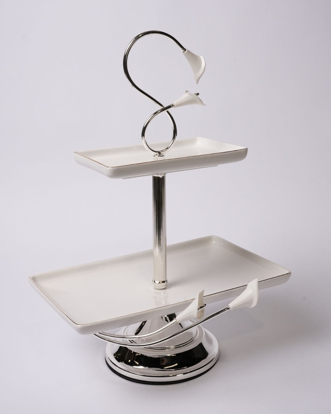 Silver 2 Tier Serving Platter, Rectangular Tiered Dessert Stand, High End Catering Appetizer Platter, Calla Lily Food Stand, Porcelain and Silver Hi Tea Tower, Pedestal 2 Tier Food Server, Upscale Party Hors d'Oeuvres Tray, Luxury Afternoon Tea Stand, Silver Metal Tiered Serving Tray, Designer Buffet Serving Tower, Rectangular Porcelain Tiered Stand