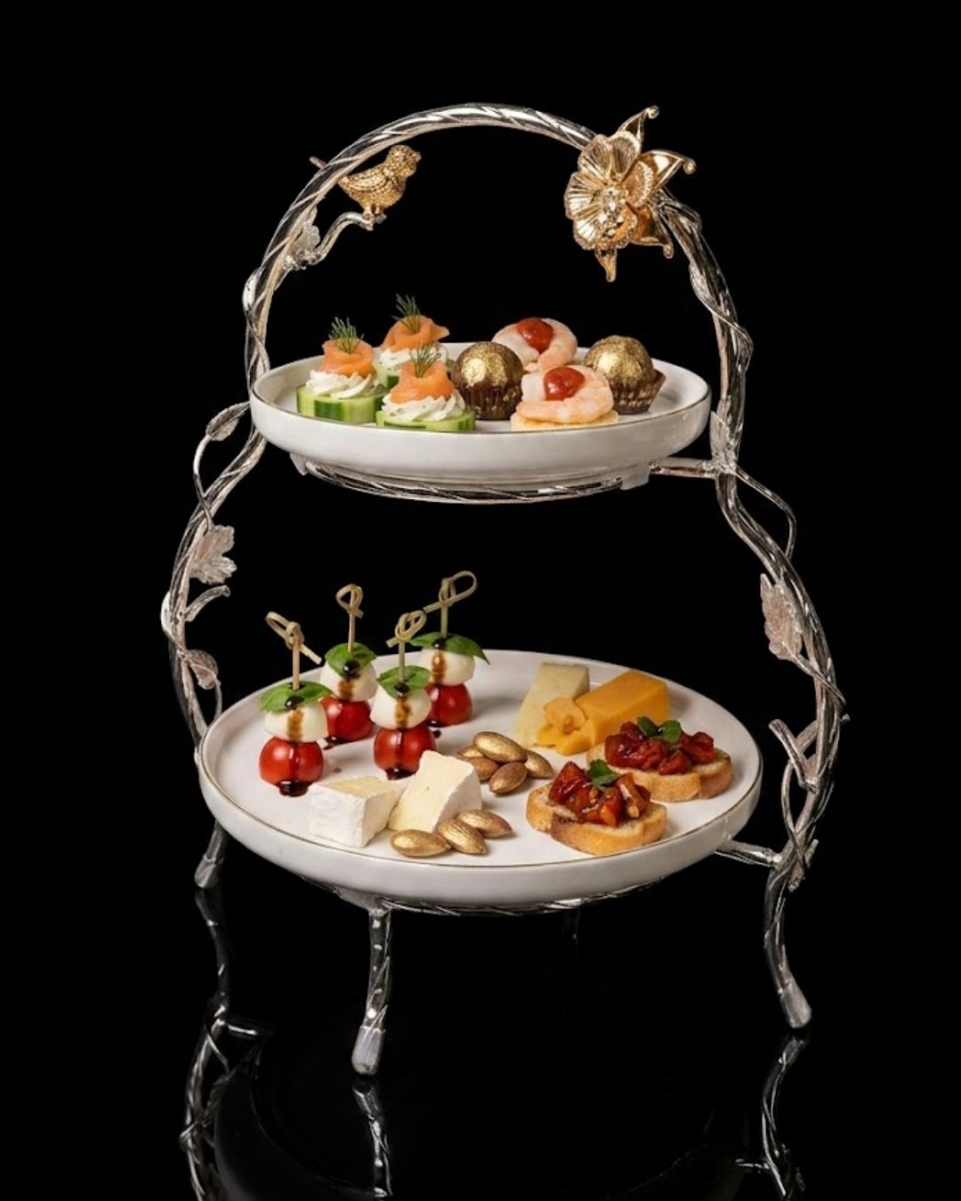 Silver 2 Tier Serving Platter, Luxury Two Tiered Dessert Stand, High End Catering Appetizer Stand, Porcelain and Silver Hi Tea Stand, Botanical Bird Afternoon Tea Platter, Footed 2 Tier Food Server, Upscale Wedding Dessert Display, Luxury Afternoon Tea Stand, Silver Metal Tiered Serving Stand, Designer Buffet Serving Tray, High Tea Tiered Cake Stand