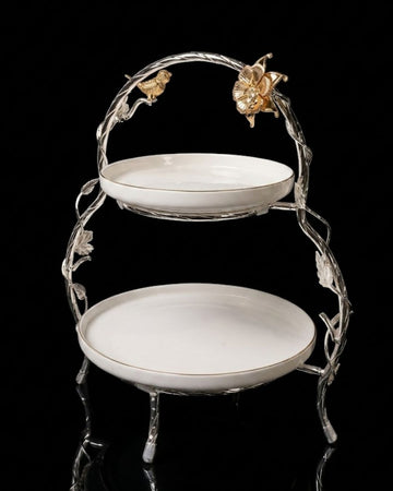 Silver 2 Tier Serving Platter, Luxury Two Tiered Dessert Stand, High End Catering Appetizer Stand, Porcelain and Silver Hi Tea Stand, Botanical Bird Afternoon Tea Platter, Footed 2 Tier Food Server, Upscale Wedding Dessert Display, Luxury Afternoon Tea Stand, Silver Metal Tiered Serving Stand, Designer Buffet Serving Tray, High Tea Tiered Cake Stand