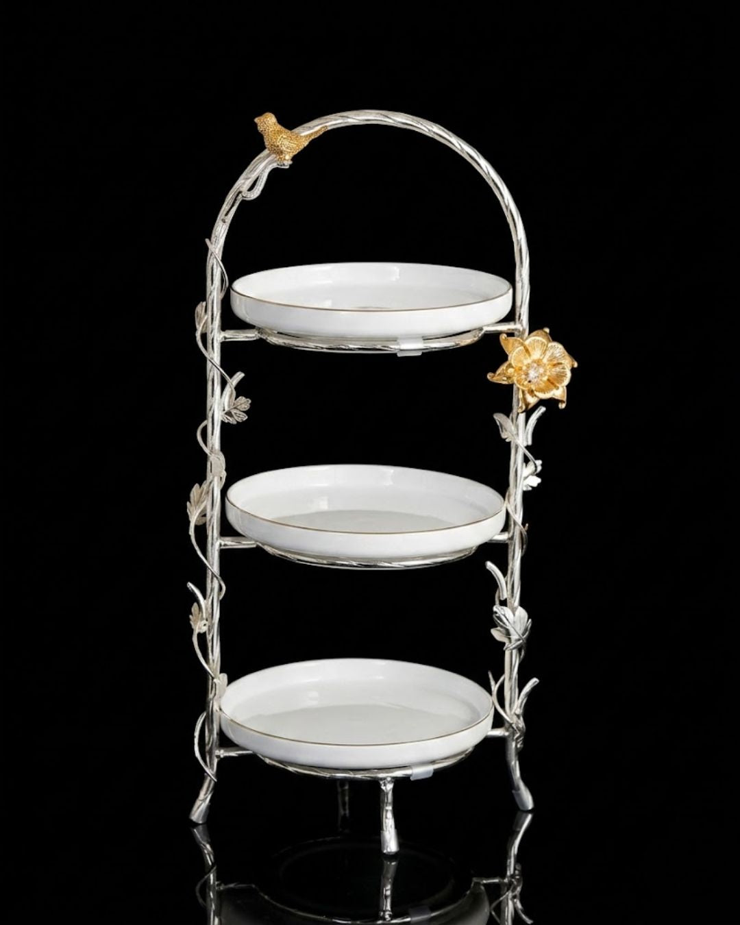 Silver 3 Tier Serving Platter, Luxury Tiered Dessert Stand, High End Catering Appetizer Tower, Porcelain and Metal Tiered Server, Botanical Bird Dessert Stand, Footed 3 Tier Food Server, Upscale Wedding Dessert Display, High Tea Tiered Platter, Luxury Afternoon Tea Stand, Silver Metal Tiered Serving Tray, Designer Buffet Serving Tower