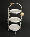 Silver 3 Tier Serving Platter, Luxury Tiered Dessert Stand, High End Catering Appetizer Tower, Porcelain and Metal Tiered Server, Botanical Bird Dessert Stand, Footed 3 Tier Food Server, Upscale Wedding Dessert Display, High Tea Tiered Platter, Luxury Afternoon Tea Stand, Silver Metal Tiered Serving Tray, Designer Buffet Serving Tower