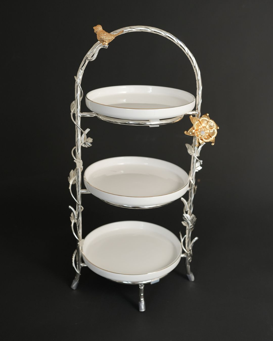 Silver 3 Tier Serving Platter, Luxury Tiered Dessert Stand, High End Catering Appetizer Tower, Porcelain and Metal Tiered Server, Botanical Bird Dessert Stand, Footed 3 Tier Food Server, Upscale Wedding Dessert Display, High Tea Tiered Platter, Luxury Afternoon Tea Stand, Silver Metal Tiered Serving Tray, Designer Buffet Serving Tower
