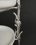 Silver 3 Tier Serving Platter, Luxury Tiered Dessert Stand, High End Catering Appetizer Tower, Porcelain and Metal Tiered Server, Botanical Bird Dessert Stand, Footed 3 Tier Food Server, Upscale Wedding Dessert Display, High Tea Tiered Platter, Luxury Afternoon Tea Stand, Silver Metal Tiered Serving Tray, Designer Buffet Serving Tower