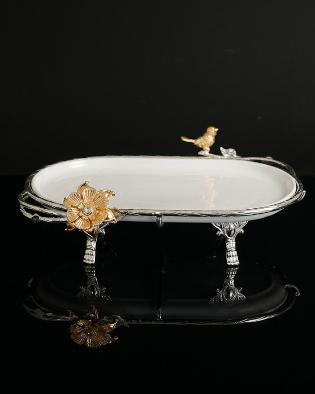 Silver Oval Serving Tray, Luxury Porcelain Serving Platter, High End Catering Food Platter, Decorative White and Silver Tray, Floral Bird Metal Serving Tray, Footed Decorative Food Tray, Upscale Event Hors d'Oeuvres Platter, Luxury Wedding Appetizer Tray, Designer Coffee Table Tray, Silver Metal Handles Serving Dish, Fine Porcelain Oval Platter