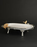Silver Oval Serving Tray, Luxury Porcelain Serving Platter, High End Catering Food Platter, Decorative White and Silver Tray, Floral Bird Metal Serving Tray, Footed Decorative Food Tray, Upscale Event Hors d'Oeuvres Platter, Luxury Wedding Appetizer Tray, Designer Coffee Table Tray, Silver Metal Handles Serving Dish, Fine Porcelain Oval Platter