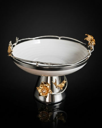 Silver Porcelain Pedestal Bowl, Luxury Decorative Fruit Bowl, High End Catering Centerpiece Bowl, Floral Bird Metal Serving Dish, White and Silver Decorative Bowl, Upscale Event Buffet Tableware, Luxury Wedding Centerpiece Bowl, Fine Porcelain Footed Bowl, Designer Tabletop Decor