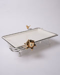 Silver Rectangular Serving Tray, Luxury Porcelain Serving Platter, High End Catering Platter, Decorative White and Silver Tray, Floral Bird Metal Serving Tray, Footed Decorative Vanity Tray, Upscale Event Hors d'Oeuvres Platter, Luxury Wedding Appetizer Tray, Designer Coffee Table Tray, Silver Metal Handles Serving Dish, Fine Porcelain Rectangular Tray
