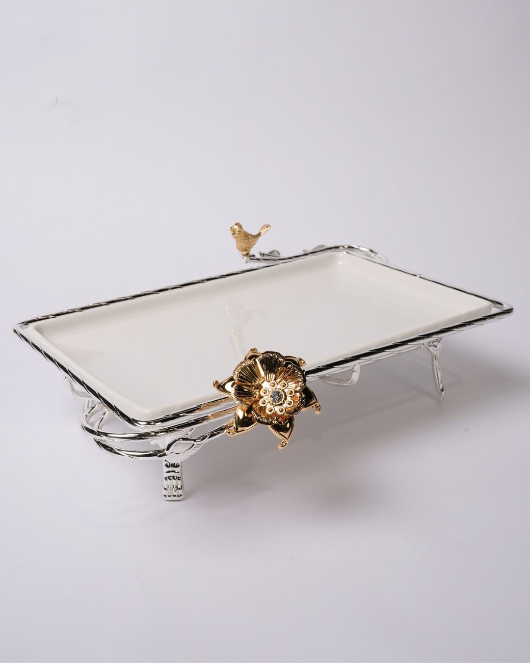 Silver Rectangular Serving Tray, Luxury Porcelain Serving Platter, High End Catering Platter, Decorative White and Silver Tray, Floral Bird Metal Serving Tray, Footed Decorative Vanity Tray, Upscale Event Hors d'Oeuvres Platter, Luxury Wedding Appetizer Tray, Designer Coffee Table Tray, Silver Metal Handles Serving Dish, Fine Porcelain Rectangular Tray