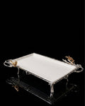 Silver Rectangular Serving Tray, Luxury Porcelain Serving Platter, High End Catering Platter, Decorative White and Silver Tray, Floral Bird Metal Serving Tray, Footed Decorative Vanity Tray, Upscale Event Hors d'Oeuvres Platter, Luxury Wedding Appetizer Tray, Designer Coffee Table Tray, Silver Metal Handles Serving Dish, Fine Porcelain Rectangular Tray