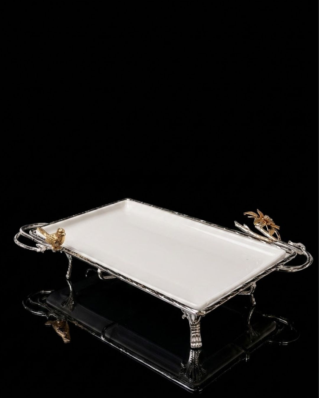 Silver Rectangular Serving Tray, Luxury Porcelain Serving Platter, High End Catering Platter, Decorative White and Silver Tray, Floral Bird Metal Serving Tray, Footed Decorative Vanity Tray, Upscale Event Hors d'Oeuvres Platter, Luxury Wedding Appetizer Tray, Designer Coffee Table Tray, Silver Metal Handles Serving Dish, Fine Porcelain Rectangular Tray