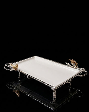 Silver Rectangular Serving Tray, Luxury Porcelain Serving Platter, High End Catering Platter, Decorative White and Silver Tray, Floral Bird Metal Serving Tray, Footed Decorative Vanity Tray, Upscale Event Hors d'Oeuvres Platter, Luxury Wedding Appetizer Tray, Designer Coffee Table Tray, Silver Metal Handles Serving Dish, Fine Porcelain Rectangular Tray