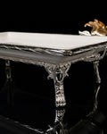 Silver Rectangular Serving Tray, Luxury Porcelain Serving Platter, High End Catering Platter, Decorative White and Silver Tray, Floral Bird Metal Serving Tray, Footed Decorative Vanity Tray, Upscale Event Hors d'Oeuvres Platter, Luxury Wedding Appetizer Tray, Designer Coffee Table Tray, Silver Metal Handles Serving Dish, Fine Porcelain Rectangular Tray