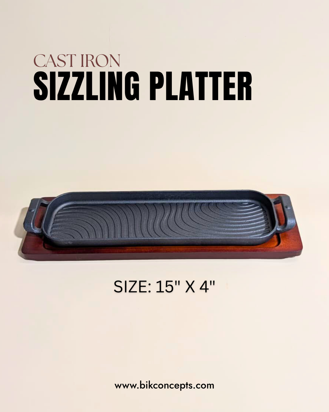 Cast iron sizzling platter, fajita pan with wood base, professional steak tray, 15 inch sizzling server, restaurant style steak plate, cast iron griddle with bamboo base.