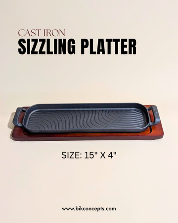 Cast iron sizzling platter, fajita pan with wood base, professional steak tray, 15 inch sizzling server, restaurant style steak plate, cast iron griddle with bamboo base.