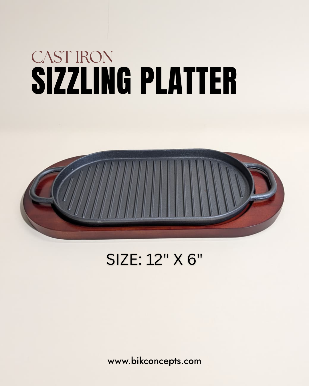 12 inch sizzling platter, cast iron oval steak plate, bamboo wood base server, restaurant fajita pan, cast iron serving tray, sizzling sisig plate, professional steakhouse platter.