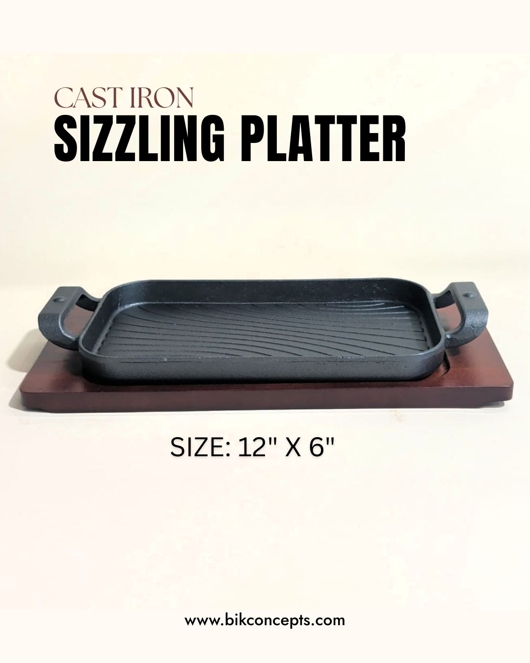 12 inch sizzling platter, rectangular cast iron griddle, bamboo serving tray, steakhouse serving plate, hibachi grill platter, cast iron fajita set, sizzling steak server.