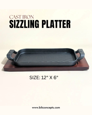 12 inch sizzling platter, rectangular cast iron griddle, bamboo serving tray, steakhouse serving plate, hibachi grill platter, cast iron fajita set, sizzling steak server.