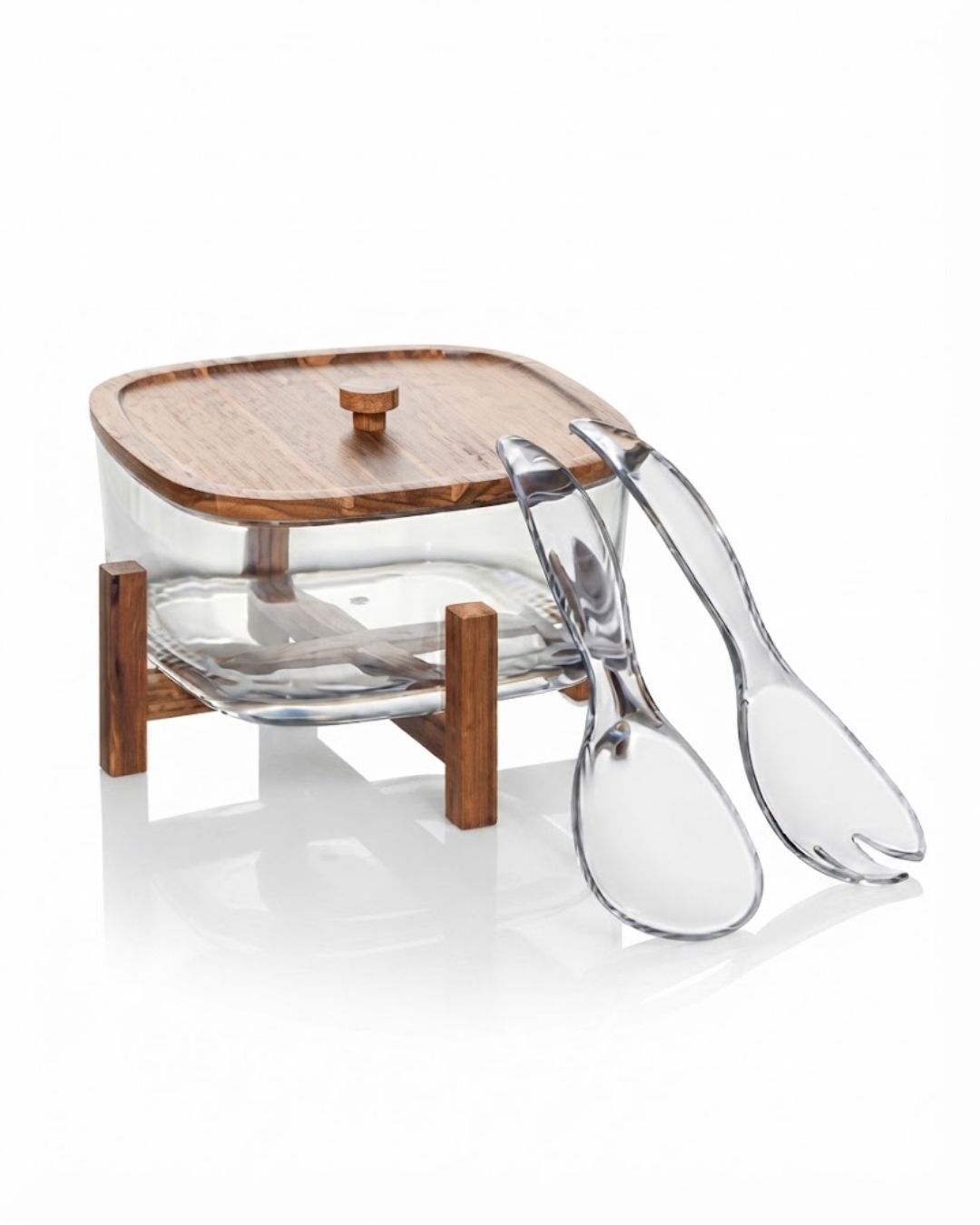 Elevated Acrylic Serving Bowl, Square Clear Salad Bowl with Lid, Acrylic Bowl on Wooden Stand, Modern Covered Fruit Bowl, Serving Bowl with Acrylic Servers, Tabletop Elevated Salad Dish, Clear Acrylic Buffet Bowl Wood Base, Organic Modern Kitchen Centerpiece, Shatterproof Acrylic Covered Serving Bowl, Retail Home Entertaining Bowl Set