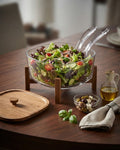 Elevated Acrylic Serving Bowl, Square Clear Salad Bowl with Lid, Acrylic Bowl on Wooden Stand, Modern Covered Fruit Bowl, Serving Bowl with Acrylic Servers, Tabletop Elevated Salad Dish, Clear Acrylic Buffet Bowl Wood Base, Organic Modern Kitchen Centerpiece, Shatterproof Acrylic Covered Serving Bowl, Retail Home Entertaining Bowl Set