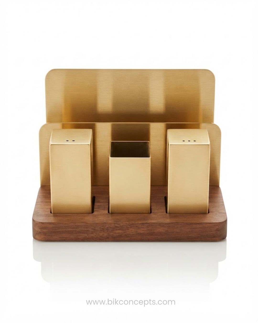 A modern three-compartment salt and pepper shaker set with brushed gold-finished metal containers, Brushed Gold Seasoning Set with Napkin Holder, Stainless Steel Salt Pepper Shaker Napkin Organizer, Commercial Hotel Tabletop Caddy Set, Luxury Catering Salt and Pepper Set with Tissue Holder, Gold Tabletop Condiment Caddy with Wooden Base, Modern Hotel Restaurant Table Organizer, Gold Spice Shaker Set with Toothpick Holder, Compact Tabletop Caddy 5.5 x 3.8 Inch, Decorative Gold Stainless Steel Condiment Holde