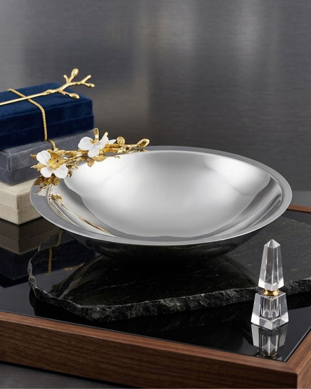 premium stainless steel bowl with gold branch, luxury jasmine floral salad bowl, mirror polished stainless steel centerpiece, gold branch and white blossom serving dish, elegant 12 inch floral salad bowl, luxury decorative stainless steel bowl, bik concepts jasmine collection bowl, high end wedding gift serving bowl, modern oval stainless steel centerpiece, silver and gold floral decorative bowl, luxury host gift salad server, premium tarnish resistant serving bowl, elegant fruit bowl with floral accents,
