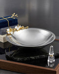 premium stainless steel bowl with gold branch, luxury jasmine floral salad bowl, mirror polished stainless steel centerpiece, gold branch and white blossom serving dish, elegant 12 inch floral salad bowl, luxury decorative stainless steel bowl, bik concepts jasmine collection bowl, high end wedding gift serving bowl, modern oval stainless steel centerpiece, silver and gold floral decorative bowl, luxury host gift salad server, premium tarnish resistant serving bowl, elegant fruit bowl with floral accents,