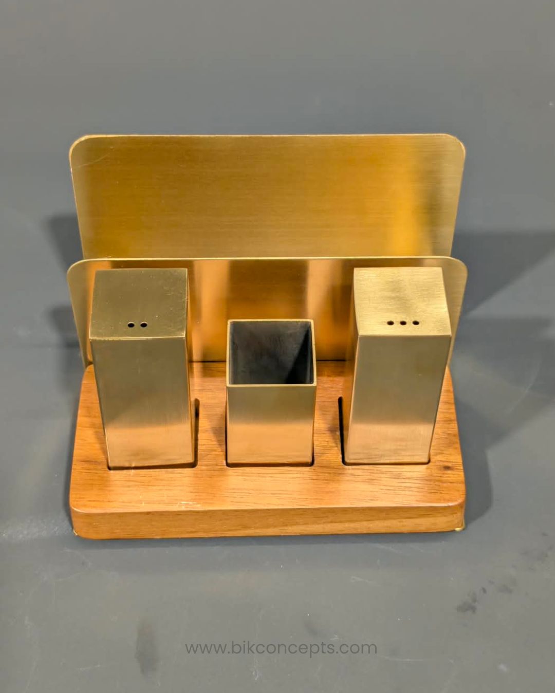 Brushed Gold Seasoning Set with Napkin Holder, Stainless Steel Salt Pepper Shaker Napkin Organizer, Commercial Hotel Tabletop Caddy Set, Luxury Catering Salt and Pepper Set with Tissue Holder, Gold Tabletop Condiment Caddy with Wooden Base, Modern Hotel Restaurant Table Organizer, Gold Spice Shaker Set with Toothpick Holder, Compact Tabletop Caddy 5.5 x 3.8 Inch, Decorative Gold Stainless Steel Condiment Holder, Multi-Function Dining Table Seasoning Set