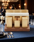 Brushed Gold Seasoning Set with Napkin Holder, Stainless Steel Salt Pepper Shaker Napkin Organizer, Commercial Hotel Tabletop Caddy Set, Luxury Catering Salt and Pepper Set with Tissue Holder, Gold Tabletop Condiment Caddy with Wooden Base, Modern Hotel Restaurant Table Organizer, Gold Spice Shaker Set with Toothpick Holder, Compact Tabletop Caddy 5.5 x 3.8 Inch, Decorative Gold Stainless Steel Condiment Holder, Multi-Function Dining Table Seasoning Set