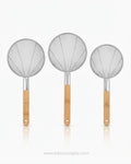 mesh spider strainer, stainless steel skimmer, wooden handle kitchen strainer, wire pasta colander, deep fry skimmer spoon, noodle strainer, professional kitchen tools, heat resistant skimmer.