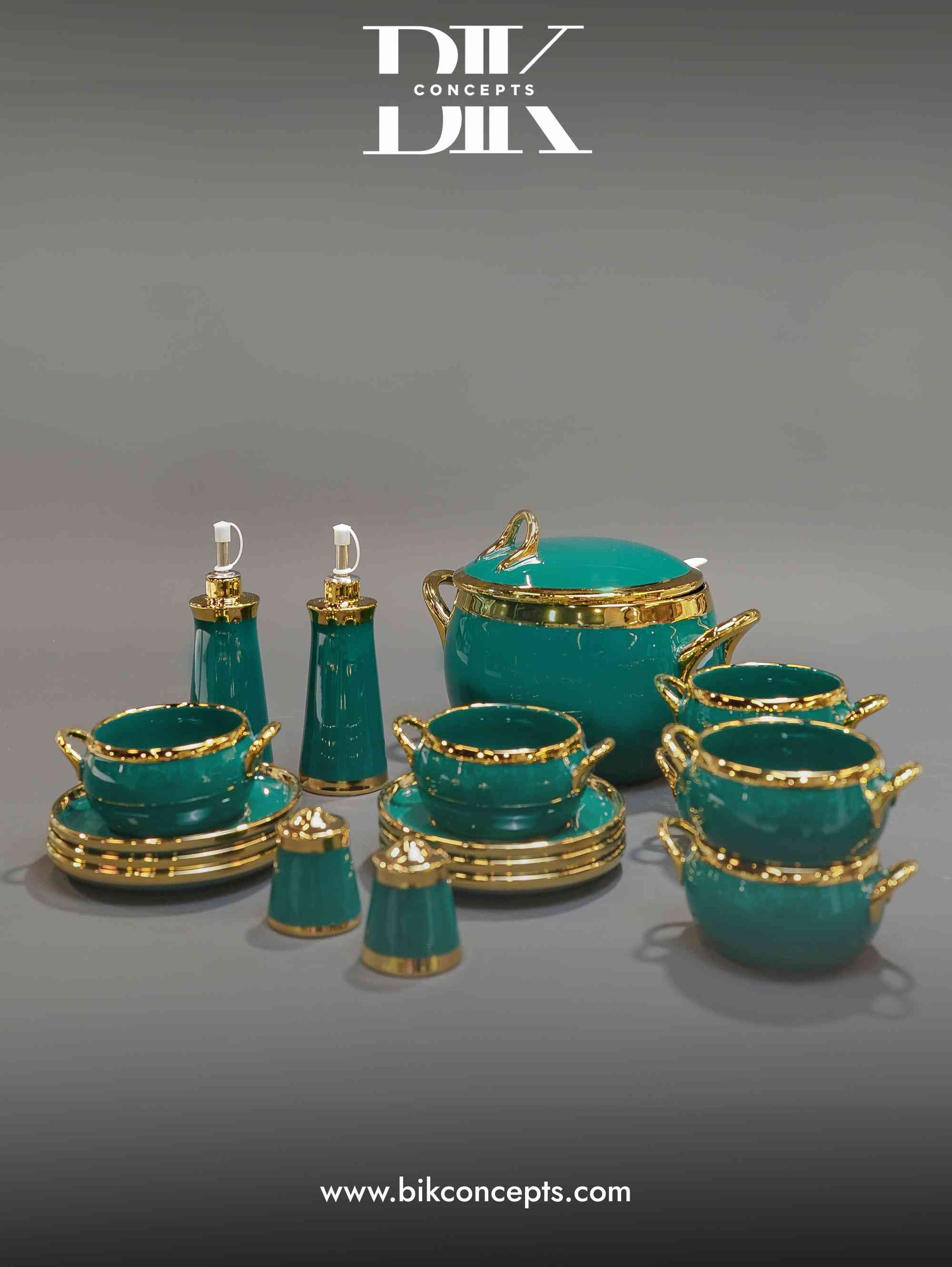 Ceramic soup set, emerald green dinnerware, gold rimmed soup bowls