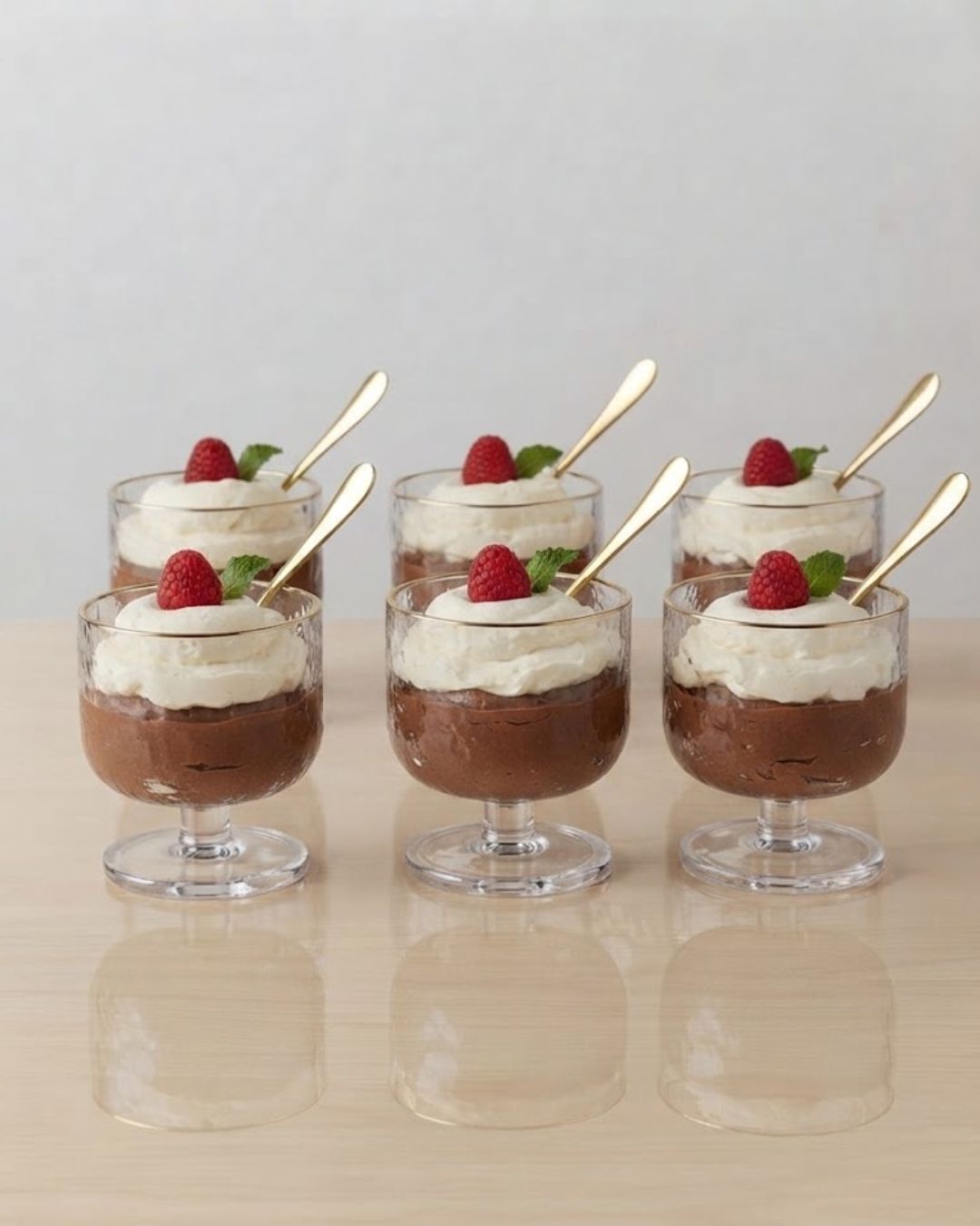 Six dessert cups filled with chocolate pudding or mousse, topped with whipped cream, a raspberry, mint, and a gold spoon, arranged on a light wooden surface against a neutral background.
Textured Glass Dessert Bowls, 5.5 oz Ice Cream Cups Set of 6, Footed Sundae Dishes, Gold Rim Parfait Glasses, Hammered Glass Dessert Cups, Mini Trifle Dishes for Catering, Commercial Catering Glassware USA, Clear Footed Sorbet Cups, Vintage Style Ripple Sundae Glass, Heavy Duty Mini Dessert Glasses