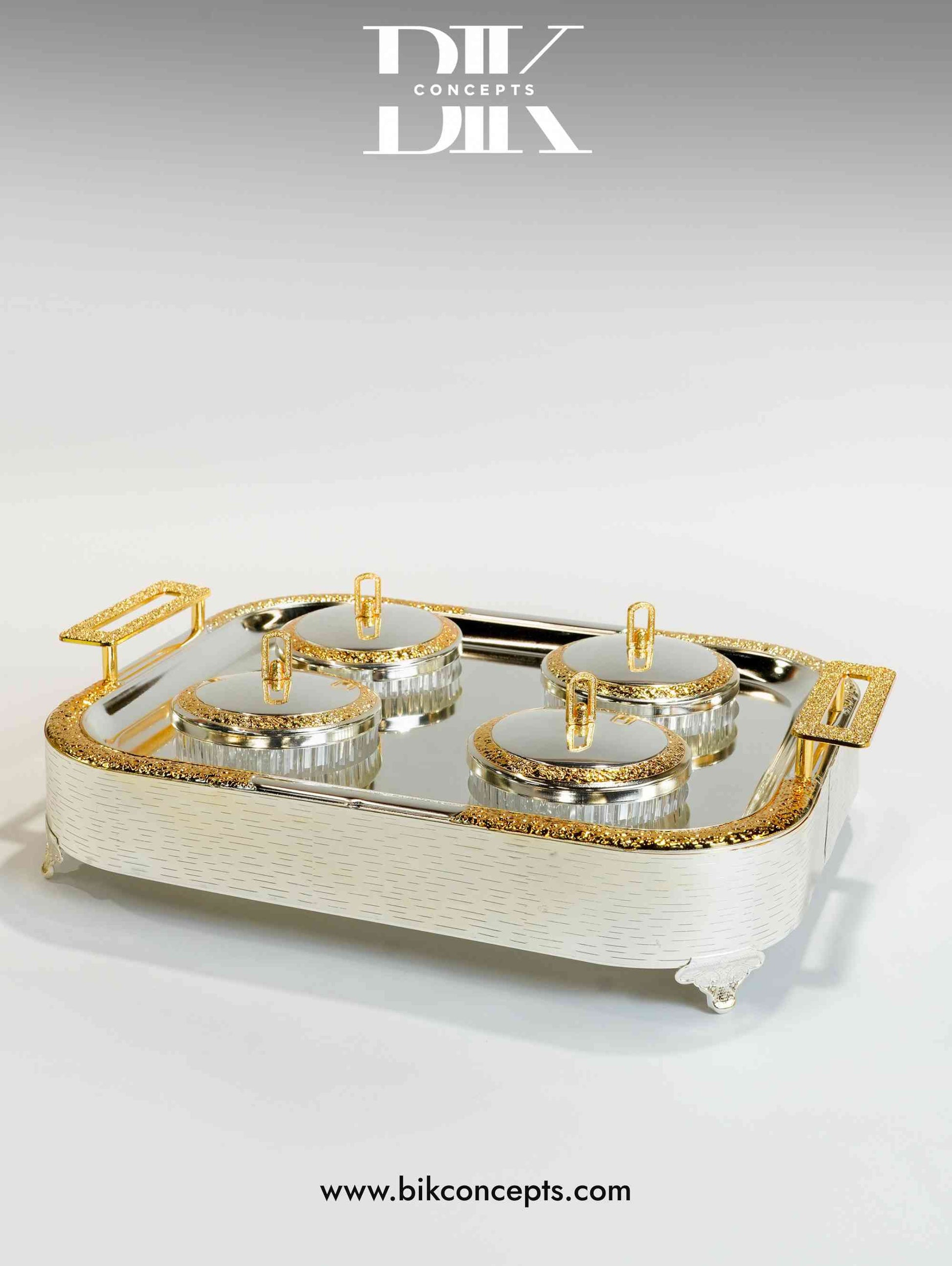 Two-tone snack tray, luxury quad server, 4 section dry fruit tray, silver and gold nut server, decorative rectangle serving tray, mirrored snack dish, elegant wedding tableware, 4 jar candy set