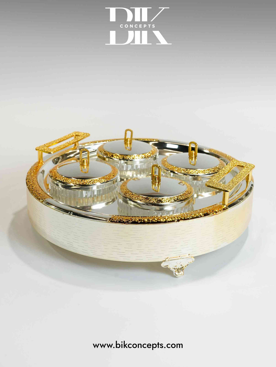 Round snack tray, luxury quad server, 4 section dry fruit tray, silver and gold nut server, mirrored serving tray