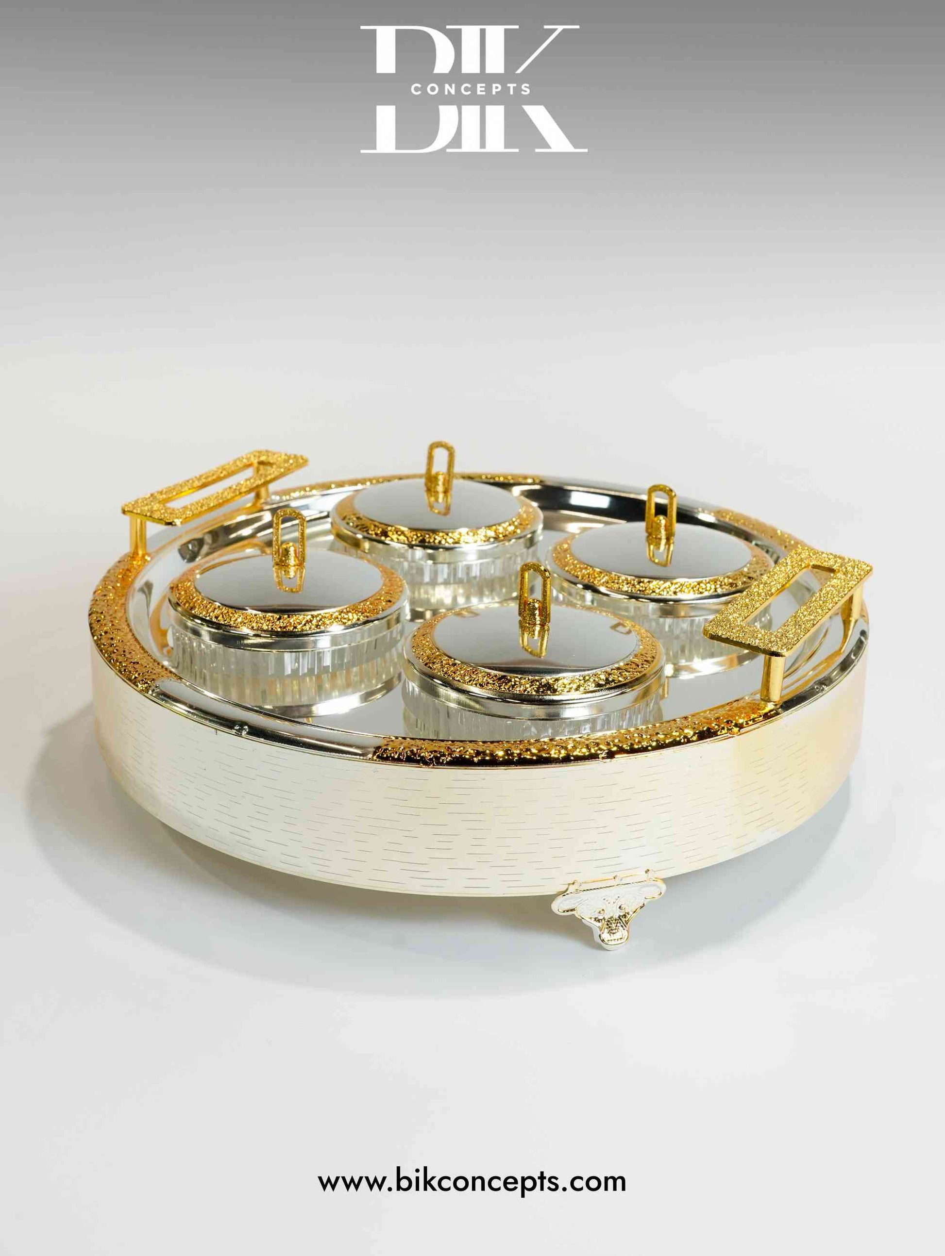 Round snack tray, luxury quad server, 4 section dry fruit tray, silver and gold nut server, mirrored serving tray