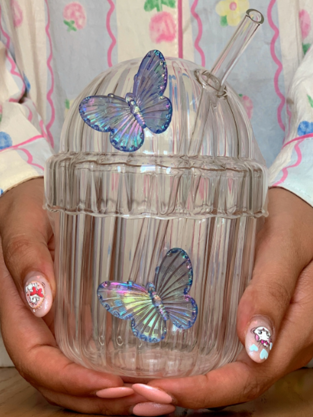 Cute Butterfly Glass Set with Lid and Straw | Set of 6