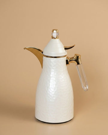 White Hammered Steel Coffee Thermos, 1 Liter Thermal Coffee Carafe, Pink Glass Vacuum Flask, Luxury Catering Coffee Dispenser, Decorative White and Gold Tea Carafe, Dallah Style Coffee Server, Insulated Beverage Carafe for Weddings, Thermal Flask for Catering Events, High End Hot Water Thermos USA, White Vacuum Insulated Pitcher
