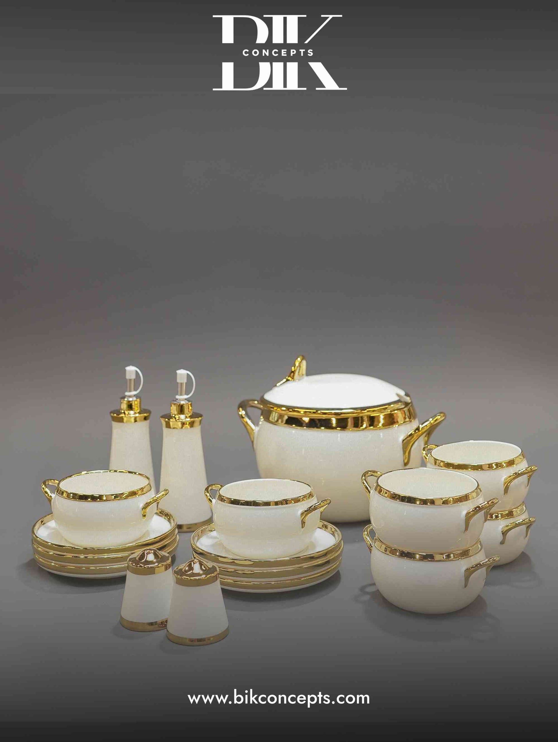 White and gold soup set, porcelain tureen set, luxury white dinnerware