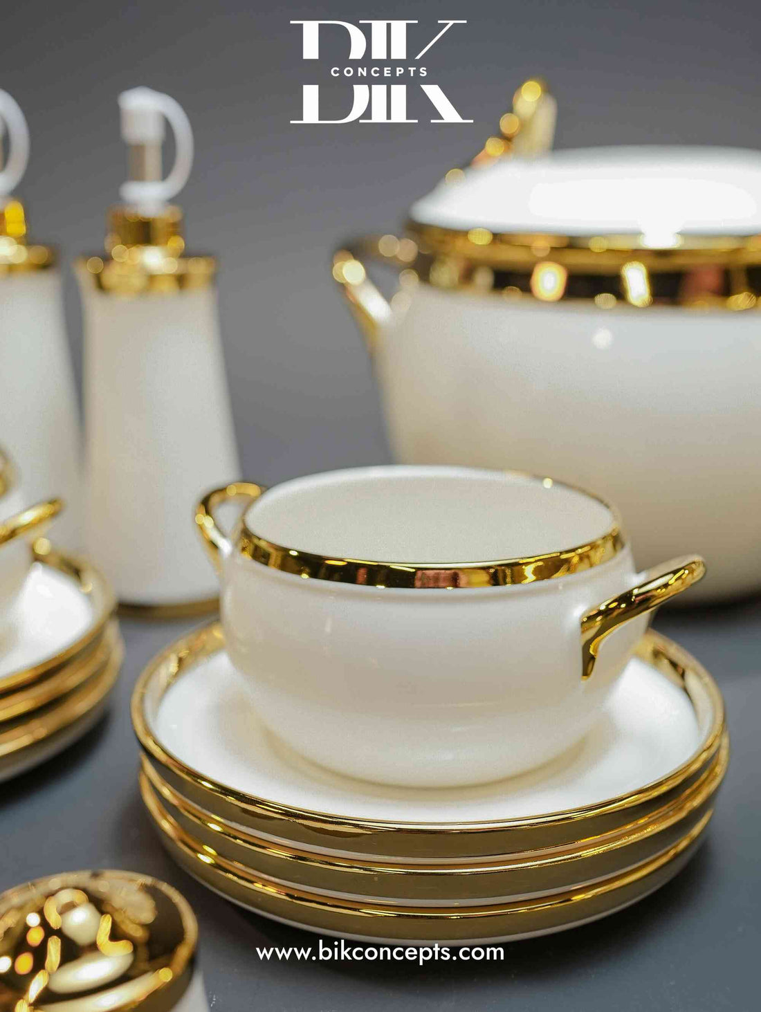 White and gold soup set, porcelain tureen set, luxury white dinnerware