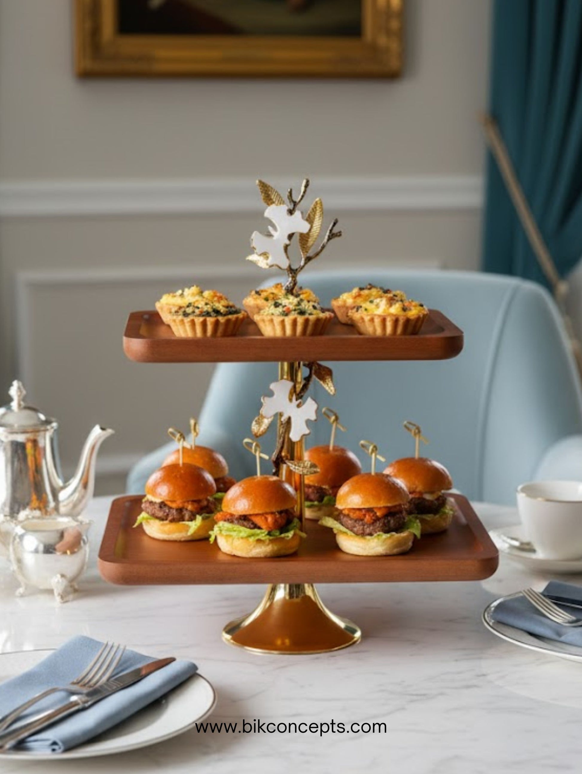 2 Tier Serving Tray, Wooden Platter with Gold Stand, Luxury Buffet Server, Orchid Decor Tableware, Tiered Dessert Stand, Appetizer Display Set, Modern Farmhouse Platter, Gold Branch Serving Tray, Decorative Food Display, Afternoon Tea Stand, Rectangular Tiered Tray, Upscale Entertaining Essentials, Elegant Centerpiece Platter, Solid Wood Serving Trays, Gourmet Food Presentation, Wedding Gift Platter, Housewarming Gift Idea, Rustic Gold Table Decor, Two Layer Serving Board, Boutique Hospitality Supplies