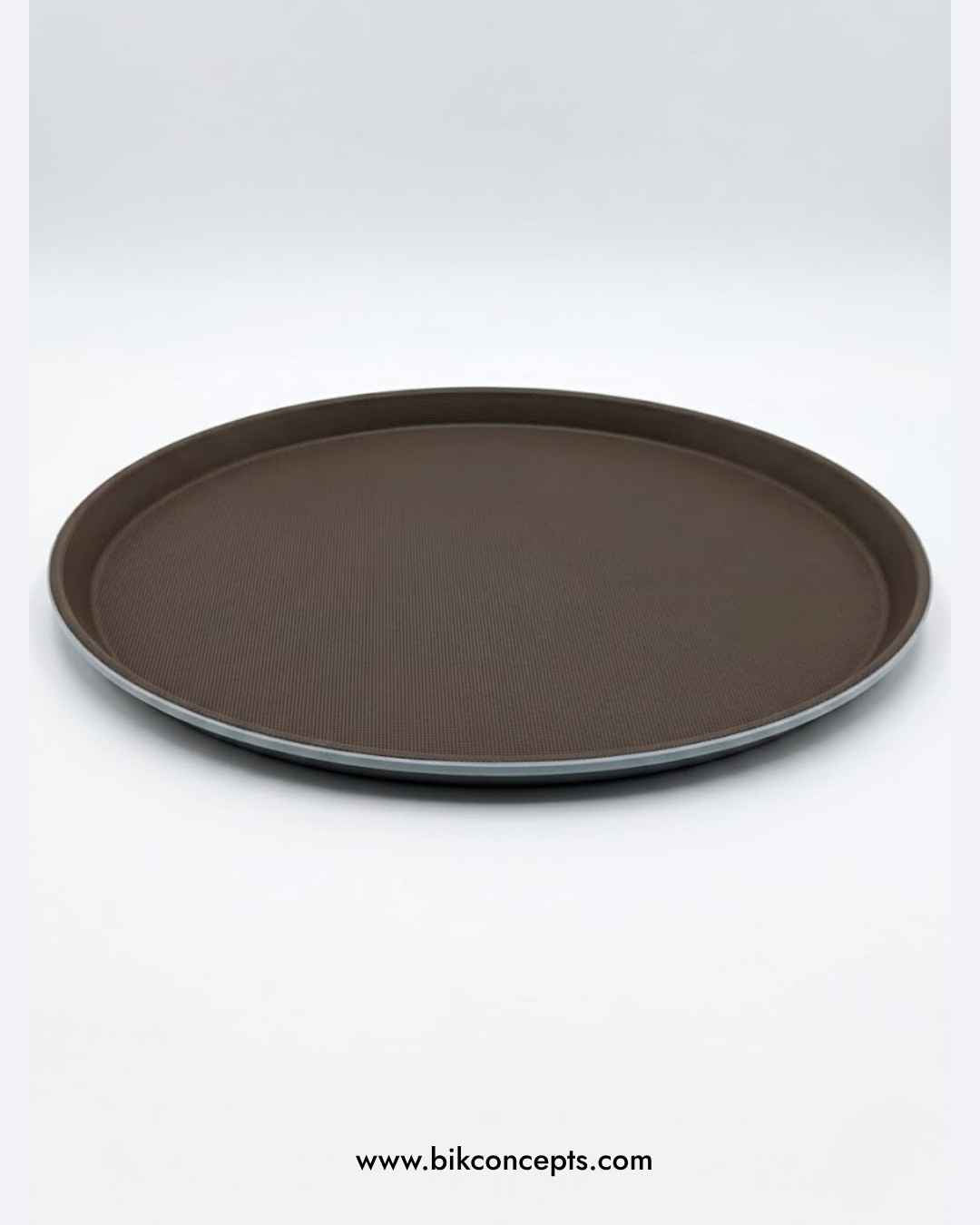 Buy bulk serving trays, best non-slip trays for bars, affordable restaurant supplies, professional waiter gear, heavy-duty round trays for sale, Brown non-slip serving tray, round waiter tray set, non-skid restaurant trays, professional bar tray 6 pack, rubber grip food tray, brown plastic serving platter, commercial beverage server