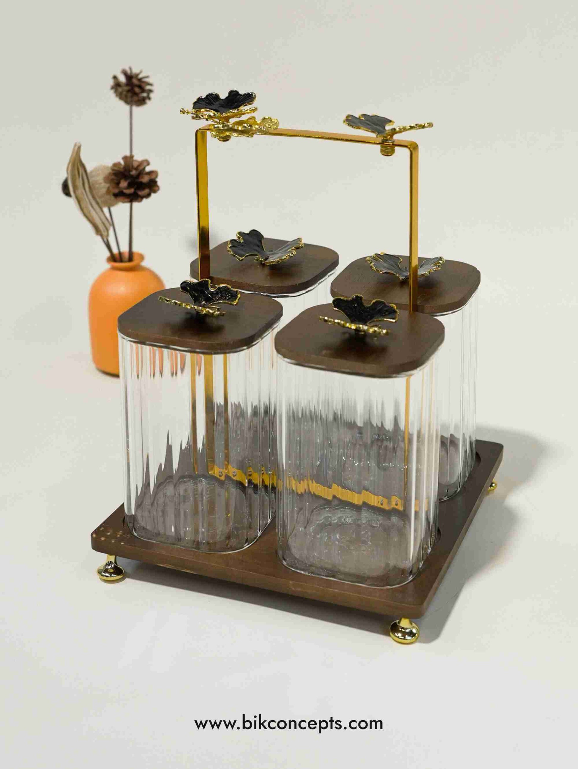 acrylic condiment set, wooden spice rack, 4 portion serving tray, candy display box, modern nut server, acrylic dipping set with wood base
