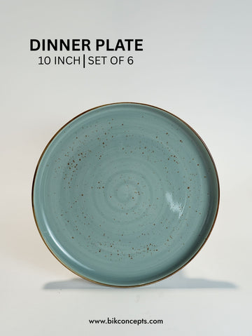 10-inch light green dinner plate with speckled design on a light gray background, featuring the brand 'Bik Concepts'.