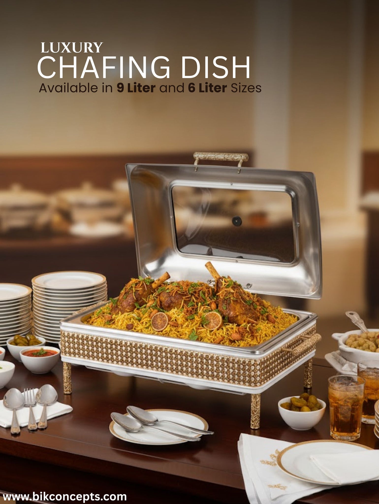 9L & 6L – Luxury Stainless Steel Chafing Dish with Gold Accents