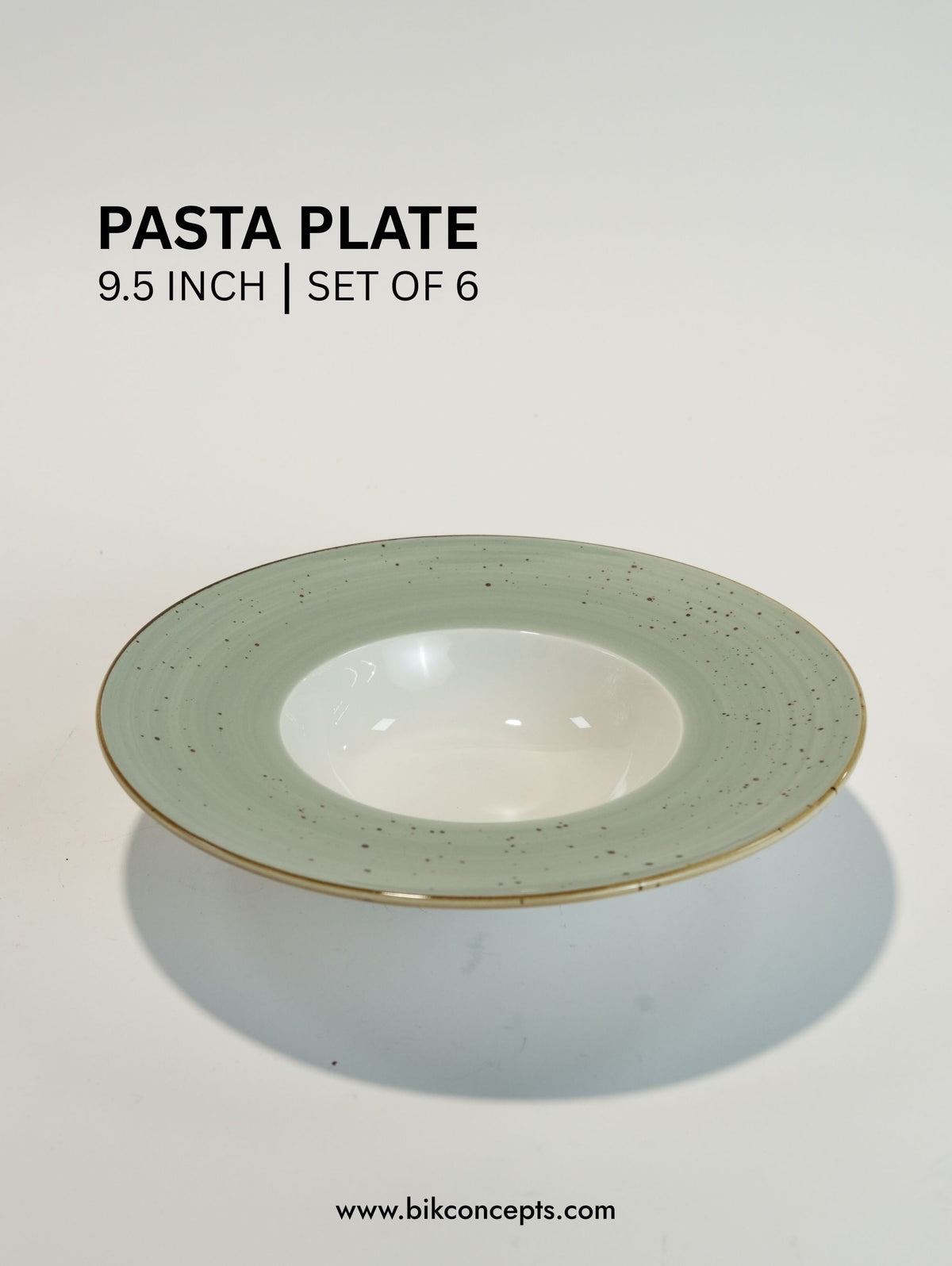 Green pasta plate with gold rim on a white background, labeled 'Pasta Plate 9.5 Inch Set of 6' by bikconcepts.com.
