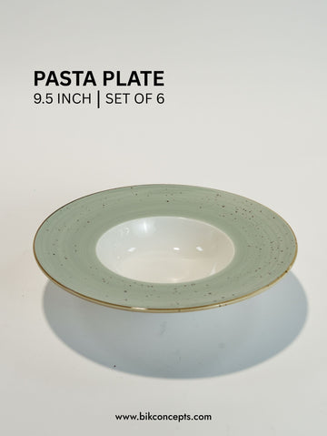 Green pasta plate with gold rim on a white background, labeled 'Pasta Plate 9.5 Inch Set of 6' by bikconcepts.com.
